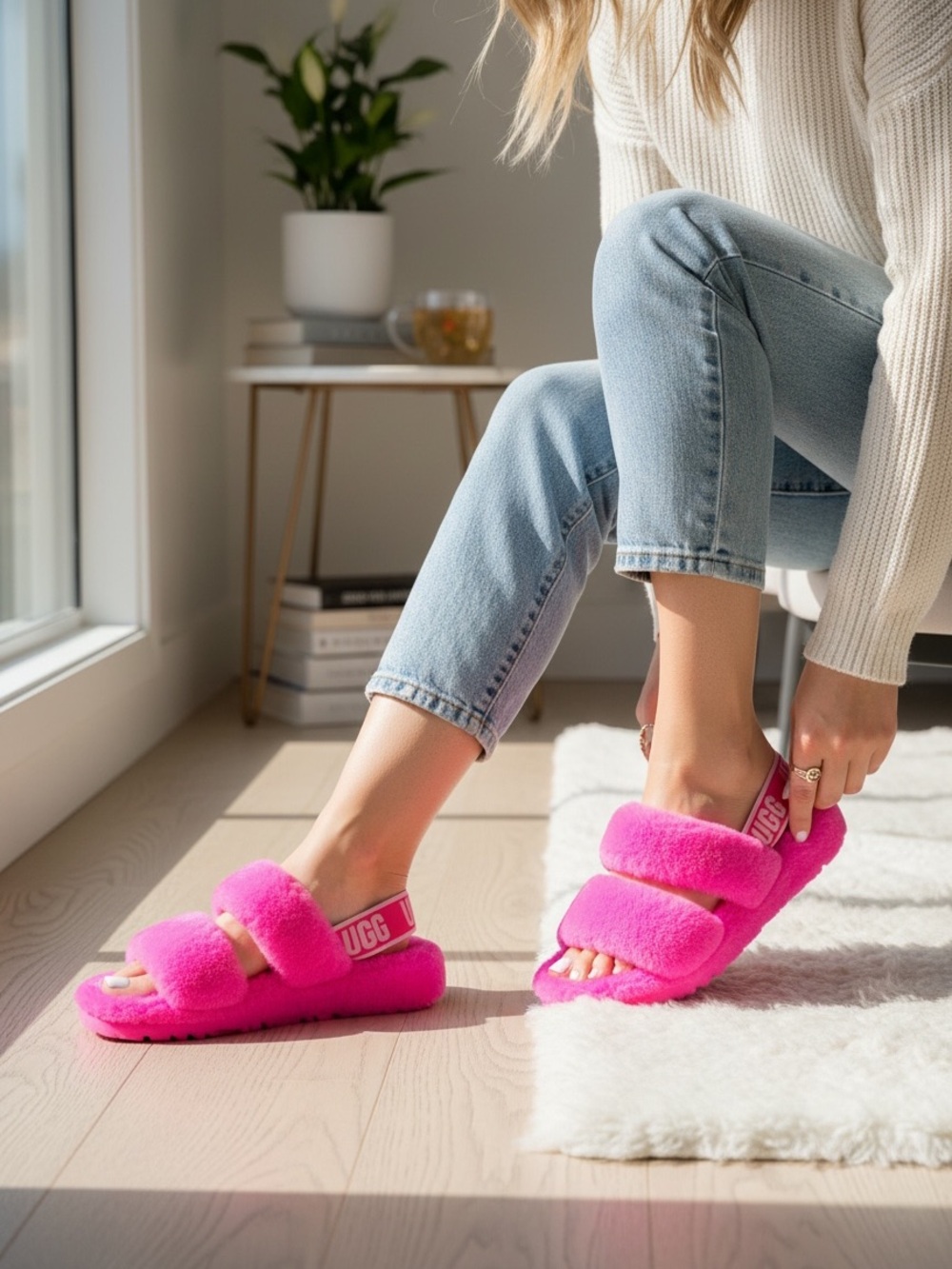 UGG Pink Fuzzy Dual-Strap Slide Slippers